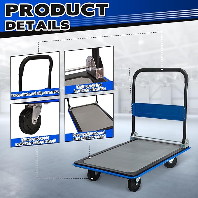 660lbs Large Size Heavy Duty Blue Flatbed Cart, Foldable Steel Platform Dolly with 360° Swivel Wheels, Silent Utility Push Hand Truck for Warehouse & Home