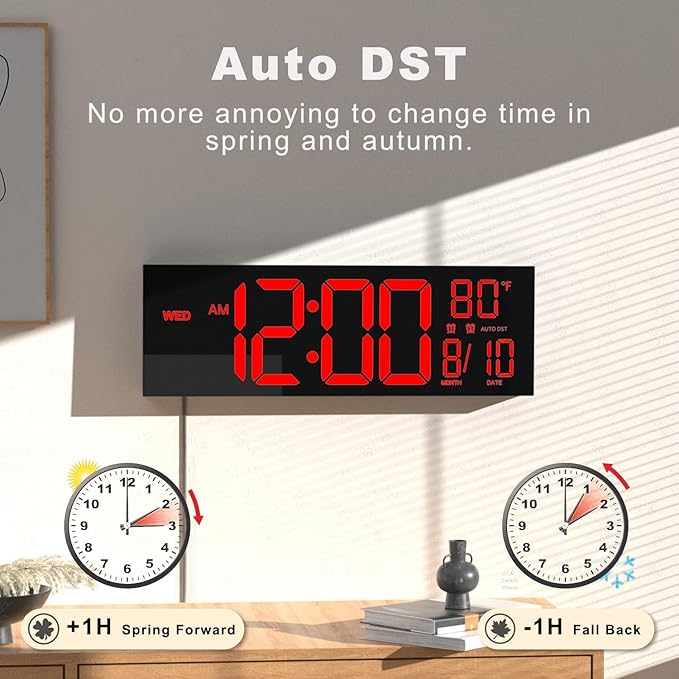 JALL 13" Large Digital Wall Mount Clock, Count Down Timer, Alarm, Big LED, DST, Temperature for Living Room Classroom Desk, Xmas, Birthday Gift for Senior Mom Dad