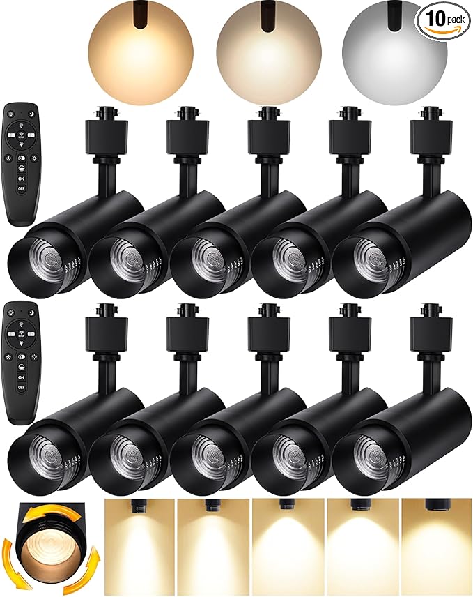 Zoomable LED Track Lighting Heads,2700K-6500K Stepless Dimming H Type Dimmable Rail Ceiling Track Lights Fixtures for Kitchen,Flicker Free 15° to 60° CRI90 12W 1200LM,Black 10 Pack