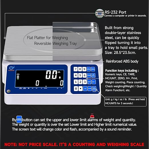 Counting Scale 30kg/66lb x 0.5g Digital Bench Scale for Parts and Coins kg/g/lb/oz Electronic Gram Scale Large Range Lab Industrial Inventory Piece Counting Balance Scales