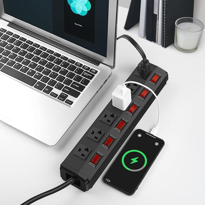 CCCEI Metal Power Strip Individual Switches 6 Outlets, Heavy Duty Power Strip 20Amp Surge Protector for Appliances, 15FT Extension Cord Strip, 1200J Surge Protector 20A 125V 2500W.