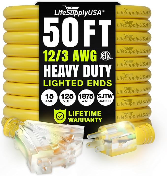 50ft Outdoor/Indoor Extension Cord 3-Outlet 12/3 Gauge Extra Heavy Duty ETL Listed, 3 Prong SJTW, Waterproof, Flexible Cold-Resistant Long Power Cord,15A 125V 1875W, Yellow by LifeSupplyUSA