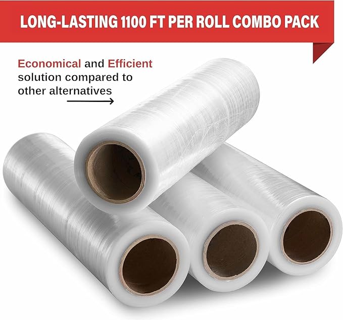 Stretch Wrap 4 Pack 18" x 1100 SqFt – Heavy Duty 80 Gauge (20 Micron) Shrink Wrap Rolls for Moving, Furniture, and Packing, Industrial Plastic Stretch Film, Pallet Wrap & Shrink Film Roll