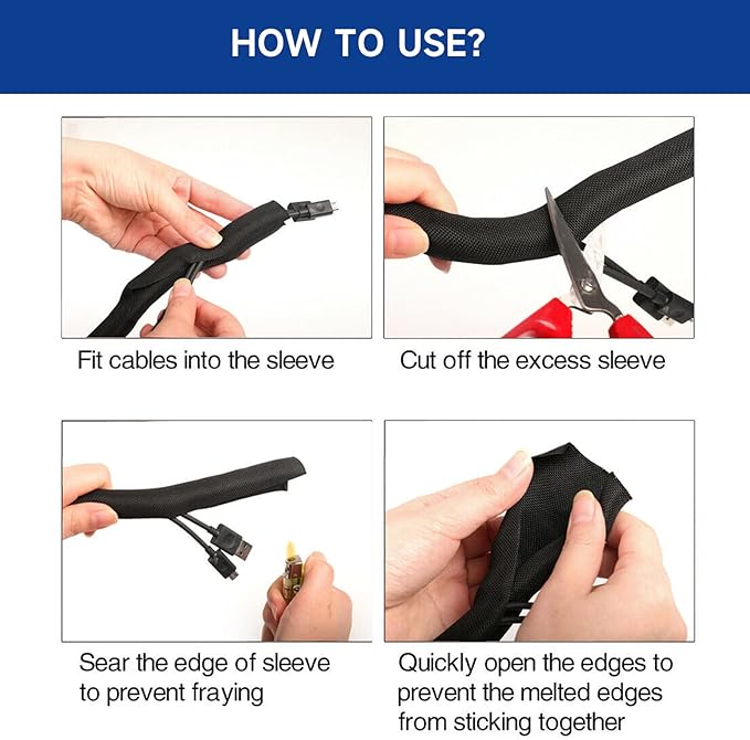 Black Braided Cable Management Sleeves Wire Loom Tubing Cord Protector Self-Wrapping (1/4"-42Feet)