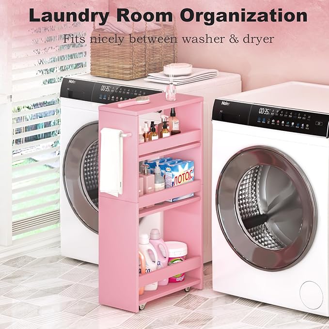 MARTY Rolling Storage Cart 7.9" W, 4-Tier Kitchen Cart with Wheels Handle, Slim Storage Cart Mobile Shelving Utility Carts for Bathroom Laundry Room Organization Narrow Places (Pink)