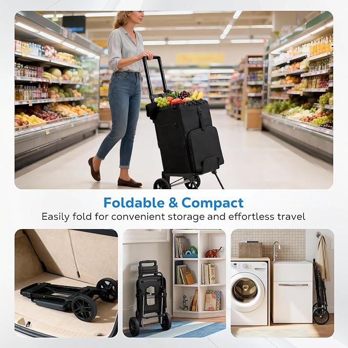 Housolution Foldable Shopping Cart for Groceries, 300LBS Collapsible Portable Grocery Carts on Wheels, 2 in 1 Rolling Hand Truck with Detachable Bag, Folding Utility Cart for Shopping and Travel