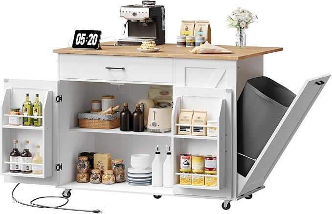HOOBRO Kitchen Island with Power Outlet & Drop Leaf, Rolling Kitchen Island with Trash Can Storage, Island Table with Storage Cabinet, Towel Rack, for Dining Room, White and Natural WN50UZD01