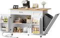 HOOBRO Kitchen Island with Power Outlet & Drop Leaf, Rolling Kitchen Island with Trash Can Storage, Island Table with Storage Cabinet, Towel Rack, for Dining Room, White and Natural WN50UZD01
