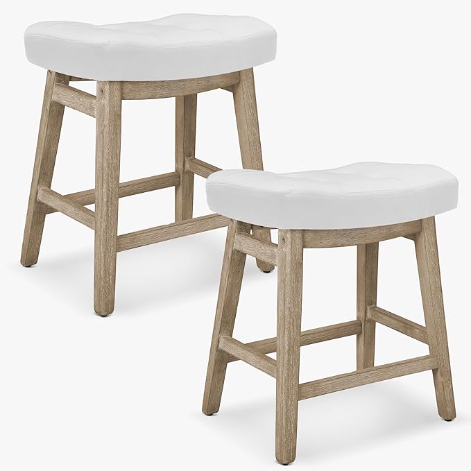 Counter Height White Bar Stools Set of 2 for Kitchen Counter Farmhouse Modern Barstools with Faux Leather Upholstered Backless Seat and Solid Wood Legs 24 inch Bar Chairs, White + Wood Color