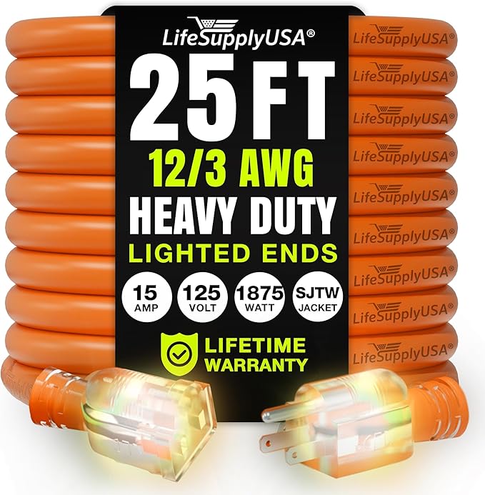 25ft Outdoor/Indoor Extension Cord 12/3 Gauge Extra Heavy Duty 3 Prong SJTW, Waterproof, Flexible Cold-Resistant Long Power Cord,15A 125V 1875W, Orange by LifeSupplyUSA