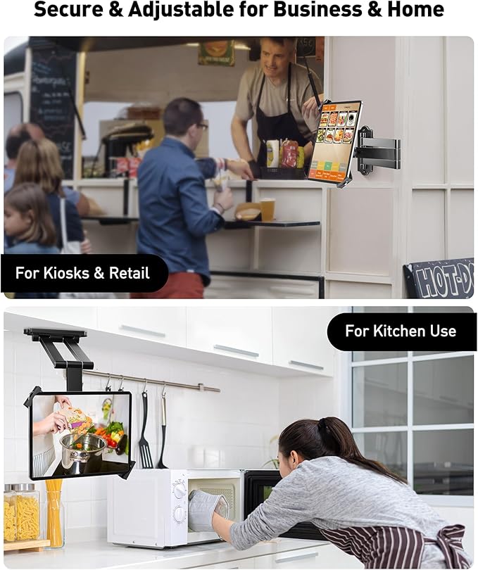 AboveTEK Tablet Wall Mount - 360° Rotation Tablet Holder Stand with Extension Arm, Anti-Theft Kitchen Mount Fits 7"-11" Tablets Including iPad Pro/Air/Mini, Galaxy Tab - Security Lock & Key - (Black)
