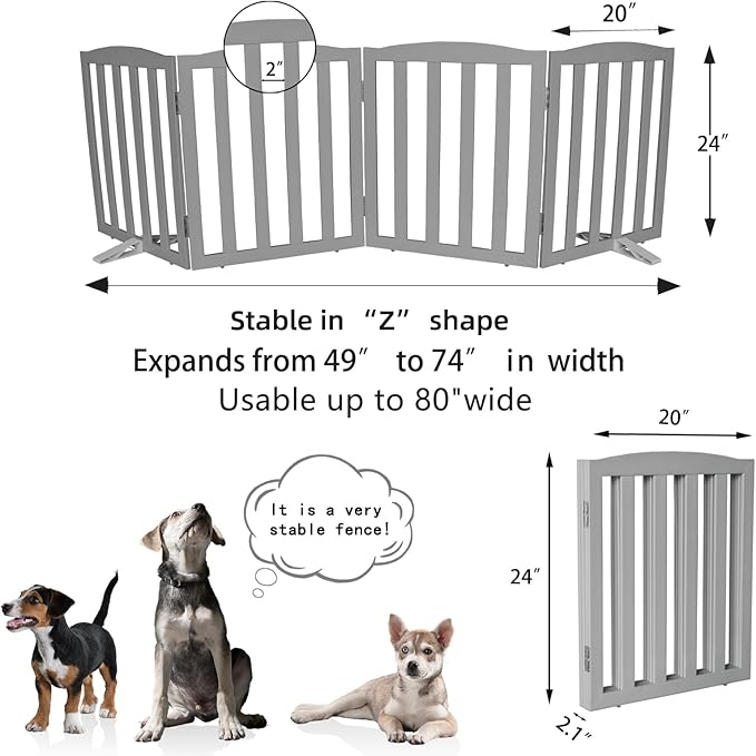 Freestanding Dog Gate Indoor,Doggie Gate Foldable Pet Gates for Doorways,Stairs or Hallways, Wooden Grey Pet Gate for The House, Pet Fence with Support Feet Included,24 "Height-4 Panels