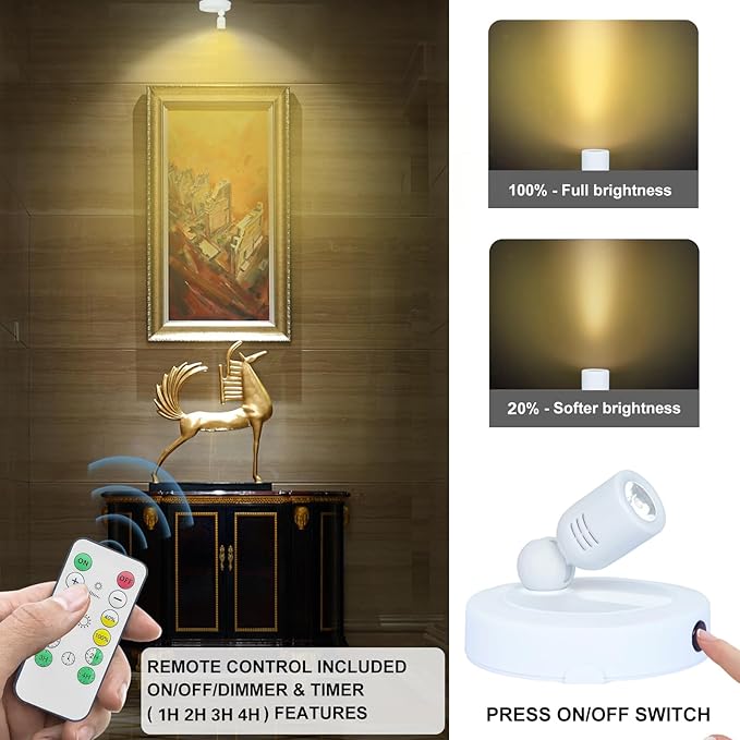 LED Spotlight, Battery Operated Spotlights with Remote, Up Lighting for Indoor Plants, Dimmable Tree Spotlight, Picture Lights for Wall Art Display Dartboard Painting Artwork Accent Frames