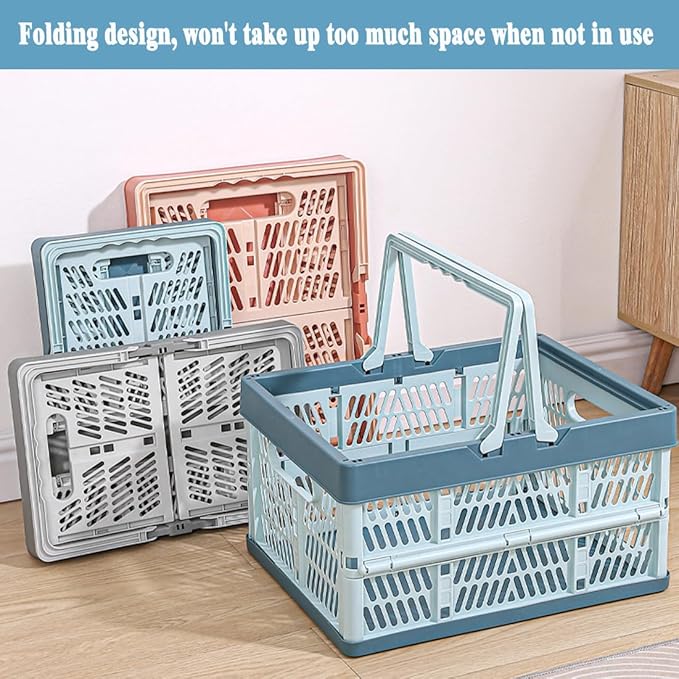 Collapsible Storage Crate with Handles, Milk Crates，33L Foldable Plastic Shopping Basket, Organizer Container for Car Home Pinic (Light pink, Large)
