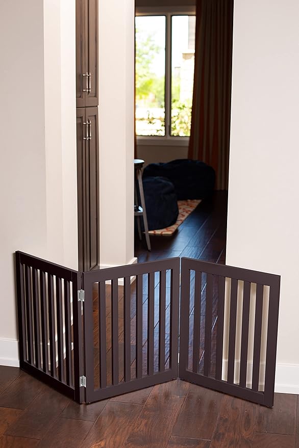 INTERNET'S BEST Dog Gate Indoor Freestanding Pet Barrier, Folding Wood Dog Fence, Extra Wide Doorway Puppy Gate, Indoor Animal Privacy Panel, Wooden Cat Fence - 3 Panel - 24", Espresso