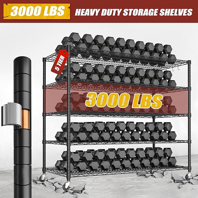 PrimeZone 5 Tier 80.7" H x 55.5" W x 24" D Wire Shelving with Wheels 3000lbs NSF Certified Storage Shelves Heavy Duty Metal Shelf Adjustable Rolling Rack Commercial Garage Restaurant Warehouse 6Pack