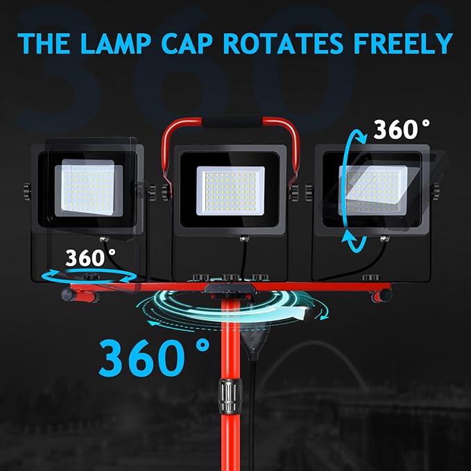 Juyace 14000Lm LED Work Light with Stand 150W 5000K Dual Head Lamp with Independent Switch Portable Construction Flood Outdoor IP65 Waterproof for Garage Workshop Backyard