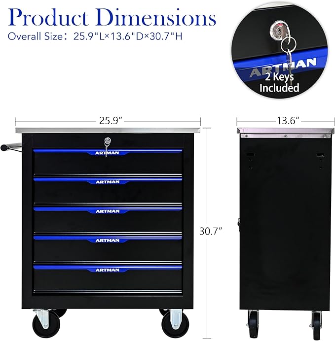 5 Drawer Rolling Tool Chest with Locker, 25.9" D Metal Movable Lockable Tool Cart Box Multi-Functional Hardware Storage Cabinet Box for Warehouse Basement Home Pantry Garage