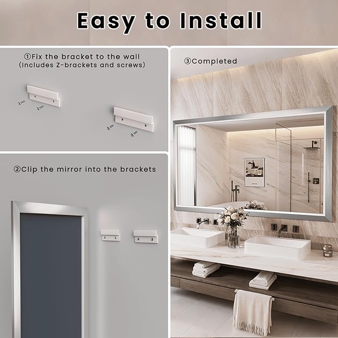 Amorho Bathroom Mirror, 55x32 Inch Silver Thick Metal Framed Wall Mirrors for Over Sink, Brushed Nickel Mirror Perfect for Bedroom, Living Room, Entryway, Rectangle (Horizontal/Vertical).