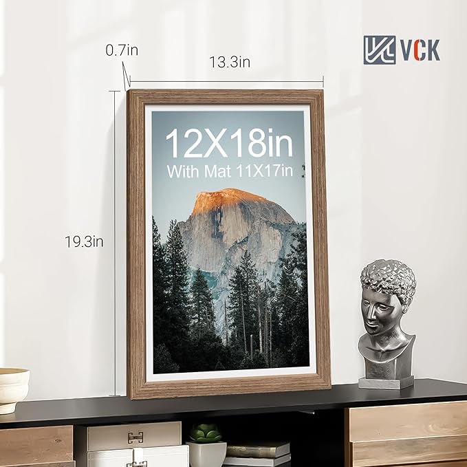 VCK 12x18 Picture Frame 2 Pack - Walnut, High-End Wood Poster Frames with Tempered Glass, Display 11x17 Photo with Mat or 12x18 without Mat, Art Gallery-Quality, Wall Hanging, Walnut