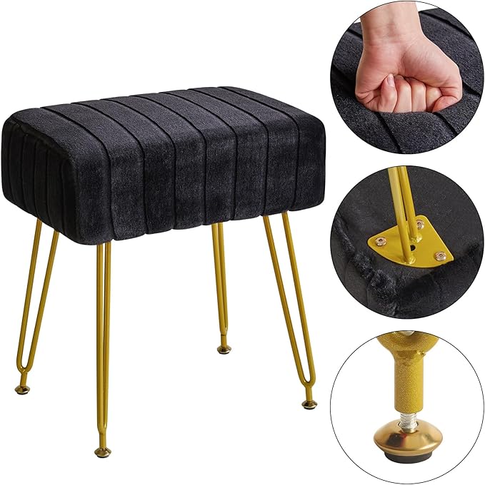 IBUYKE Velvet Rectangular Footrest Ottoman, Makeup Vanity Stool Side Table, Dressing Table Seat, Pouf Couch Stool, Golden Steel Legs, Black LG-51B