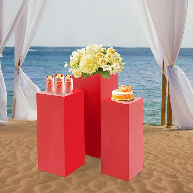 3Pcs Display Pedestal Stand, Square Tall Pedestal Cake Stands Pillars, Sturdy Pedestals Display Square Dessert Table for Placing Cakes, Desserts in Parties, Weddings (Red)