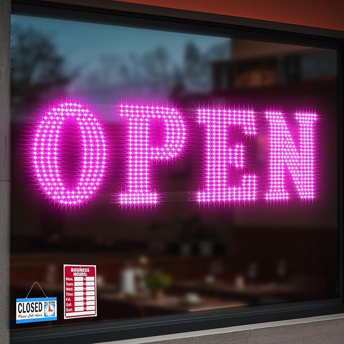 31"x11" Large LED Open Signs for Business Super Bright Unique Design Pink Open Sign with Hanging Installation for Window Stores Bar Hotel Retail Shops Salon Restaurant Office Pink