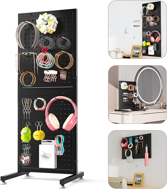 Metal Pegboard Shelf - Peg Board Display Wall Mount with 24 Hooks, 12.5x32.8 In Portable Garage Desktop Pegboard Organizer Retail Display Rack For Jewelry Hair Accessories, Mobile Phone Shop/Black