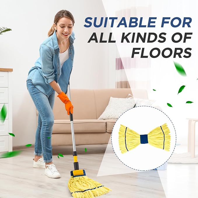 Hushee 12 Pack Large Microfiber Tube Mop Heads 18 oz Heavy Duty Commercial Industrial Wet Mop Head Refill Reusable Machine Washable Looped End Mopheads for Hardwood, Tile, Laminate Floors (Yellow)