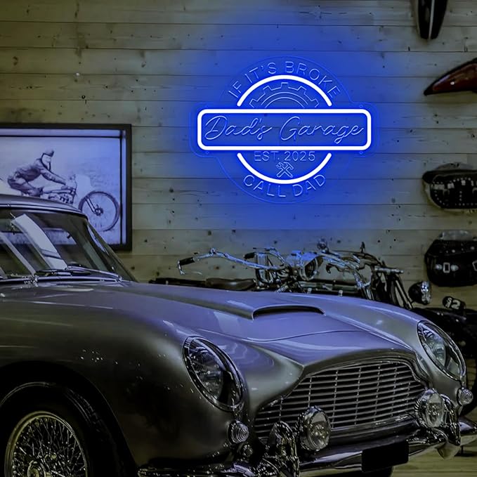 Personalized Garage Neon Sign for Wall Decor, Custom 3D Engraved Round LED Gear Garage Name Sign with Remote,Customized Dimmable Neon Lights for Garage, Workshop, Carport, Man Cave,Gifts for Men Dad