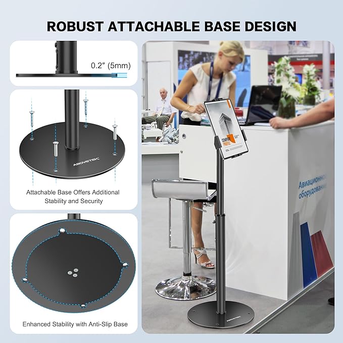 AboveTEK iPad Kiosk Floor Stand - Height Adjustable POS Tablet Floor Stand, 360° Swivel Universal Locking Holder for 7.9"-11" iPad/Air/Samsung - Anti-Theft Security Stand for Retail, Business