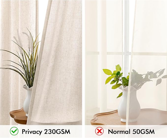 MIULEE Non-See-Through Privacy Linen Curtains 2 Panels, Light Filtering Window Curtains Farn House Textured Back Tab Semi Sheer Drapes for Bedroom Living Room, 52 x 90 Inches Long, Birch