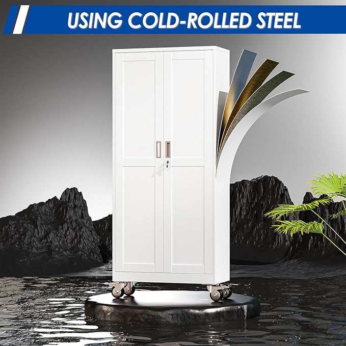 Metal Garage Storage Cabinet with Lock, Steel Tool Cabinet with 2 Door and 4 Adjustable Shelves, 71” Tall Lockable File Cabinet with Wheels, Rolling Cabinet for Home Office Garage Gym - White