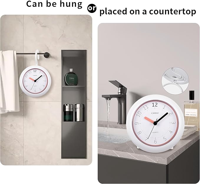OSTAR Waterproof Bathroom Shower Clock, Analog Quartz Clock Hanging Stand Dual Purpose, One AA Battery Operated 4.72 inch Round Size