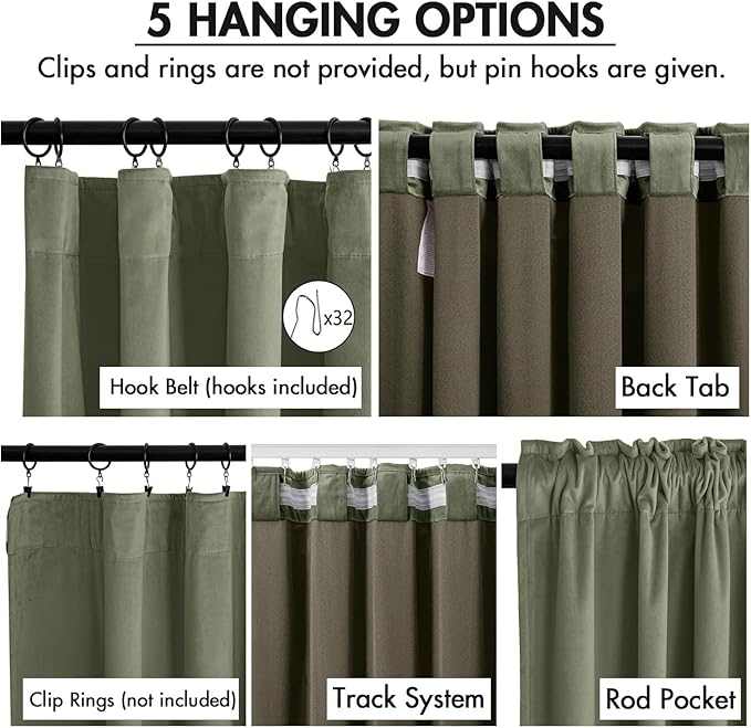 MIULEE Sage Green Velvet Curtains 108 Inch Length 2 Panels Set for Bedroom, Pinch Pleat Back Tab Luxury Thermal Insulated Living Room Darkening Pleated Blackout Extra Long Window Curtain with Hooks