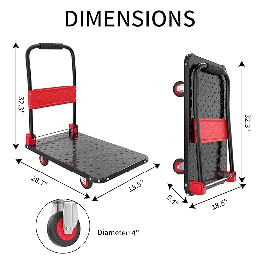 Foldable Push Cart Dolly, 330lbs Flat Bed Carts with Wheels & Anti-Collision Strips, Heavy Duty Platform Truck for Household Tasks, Moving, 360° TPR Mute Wheels for Easy Maneuver, Black Red