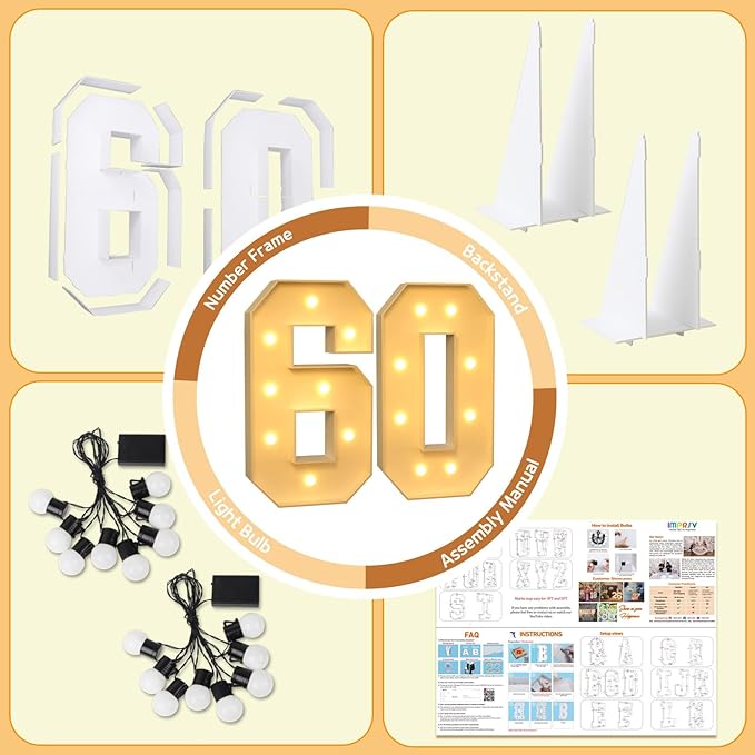 imprsv 3FT Marquee Light Up Numbers, Marquee Numbers 60th Birthday Decorations for Women Men, 60th Birthday Women Foam Board Anniversary Party Decorations Arch Kit (DIY)