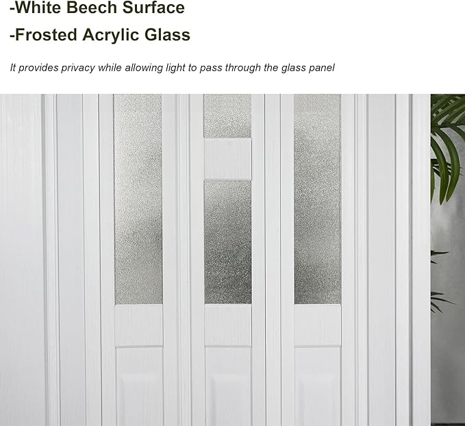 72X79in Frosted Acrylic Glass PVC Accordion Folding Door for Closet,Multifold Interior Door with Installation Hardware,Includes Handle and Latch,White Beech