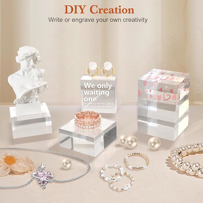 Acrylic Base 16 Pieces Acrylic Blocks for Display 2 X 2 X 1 Inch Square Riser Display Stands Trophy Base Pedestal Stands Clear Cube for Trophy Jewelry Props Food Party Crafts