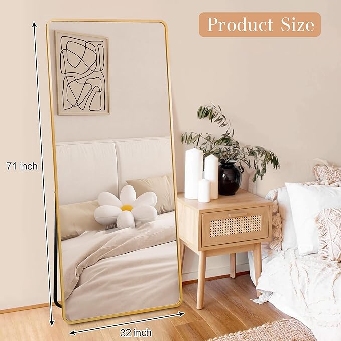 Full Length Mirror with Stand, 71"x31" Floor Mirror, Aluminum Alloy Gold Thin Frame - Freestanding/Leaning/Wall Mount for Bedroom, Living Room & Entryway (Gold)