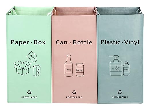 Separate Recycling Bin for Kitchen Home - Indoor Recycle Bins (Pink, Green, Gray) Waste Trash Sorting Bins, Reusable Waterproof Affordable Recycle Bags, Pack of 3 Bags