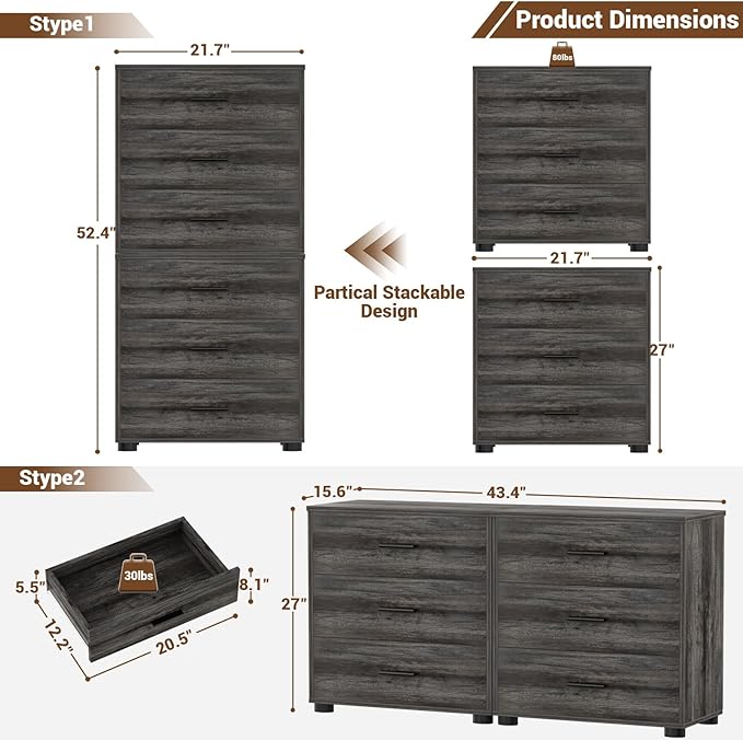 Aheaplus Closet Drawers Set of 2, Wood Closet Organizers and Storage with 3 Drawers, Closet Drawers Organizer System, Nightstands Bedside End Table with 3 Drawers Storage for Bedroom, Black Oak