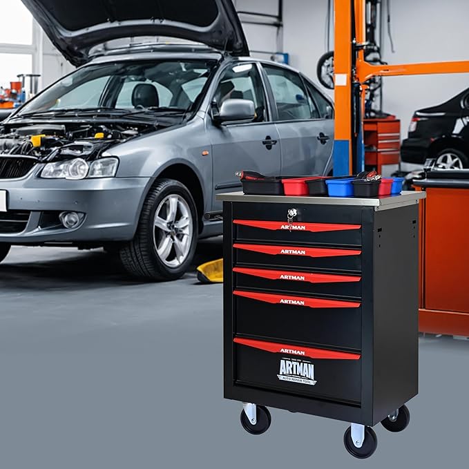 5-Drawer Heavy-Duty Rolling Steel Tool Cart with Handle&Wheels, Metal Storage Organizer Cabinet, Tool Chest for Efficient Tool Storage in Garage, Warehouse, Workshop, Repair Shop, Black&RED