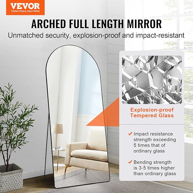 VEVOR Full Length Mirror, 71'' x 32'' Large Black Arched Floor Mirror with Stand Aluminum Alloy Frame, Free Leaning Hanging Wall Mounted, Full Body Mirror for Bedroom Living Room