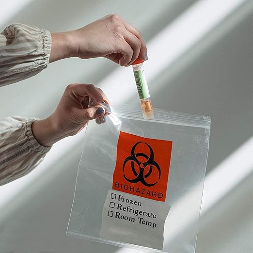Biohazard Specimen Bags, 6 x 9 Inch. Pack of 100 Clear Zipper Specimen Bags. 3-Wall Polyethylene Biohazard Bag, 2 Mil. LDPE Plastic Bag with Zipper and Attached Document Pouch