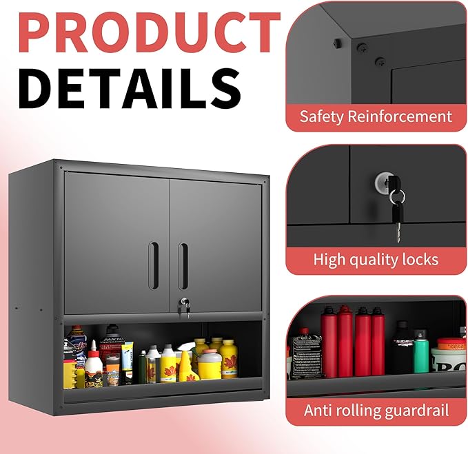 Garage Wall Cabinet Metal Storage Cabinet with Lock Wall Mounted Heavy Duty Steel Tool Cabinet with Door and Shelf Hanging Cabinet for Garage Warehouse Bathroom Kitchen,Assembly Required