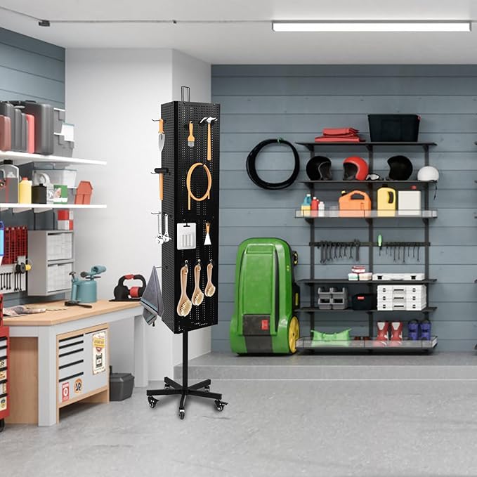 Triangular Metal Pegboard Panels Display with Base and Pole, Black Pegboard Display Stand with Wheels, Jewelry Display Rack, Art Display Stand, Extra 20 pieces Hooks