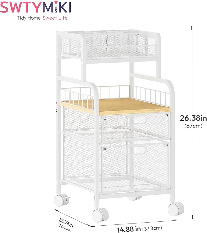 SWTYMIKI Rolling Cart with Drawers - Metal Utility Cart with Wood Shelf, DIY Divider and Locking Wheels, Craft & Art Cart Organizer for Under Desk Storage for Home Office Studio, White
