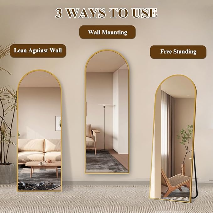 58"x18" Full Length Mirror with Stand, Shatterproof Arched Floor Mirror, Aluminum Alloy Thin Frame - Freestanding/Leaning/Wall Mount for Bedroom, Living Room & Entryway (Gold)