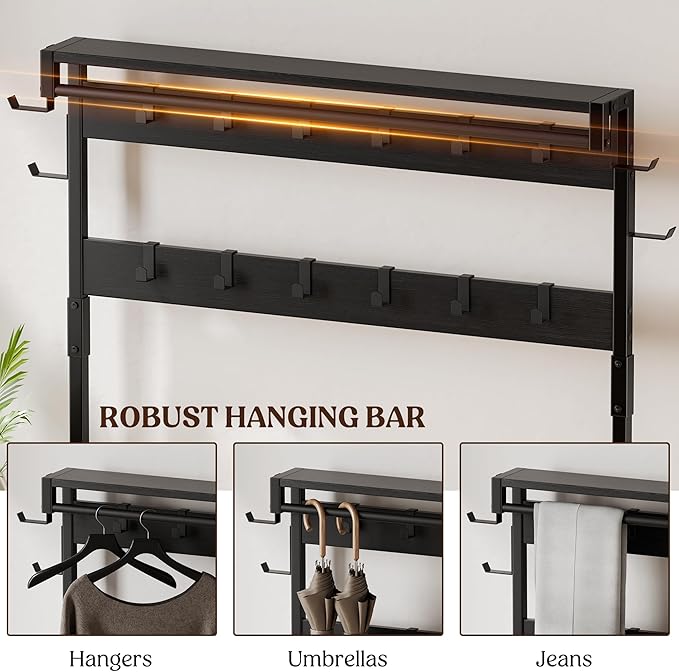 Lulive Hall Tree with Bench and Shoe Storage, 39.4” Entryway Bench with Coat Rack freestanding, 5 in 1 Entryway Furniture Organizer Large Coat and Shoe Rack with 21 Hooks and Drawers, Black